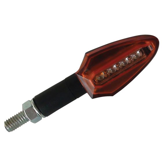 Black motorcycle indicator with a sleek, elongated design, featuring an amber lens and multiple LED lights for visibility, secured with a metal threaded base.