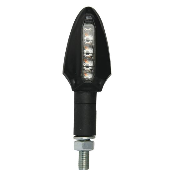 Black motorcycle indicator with a sleek, pointed design, featuring a clear lens with integrated LED lights, mounted on a metal bolt for easy installation.