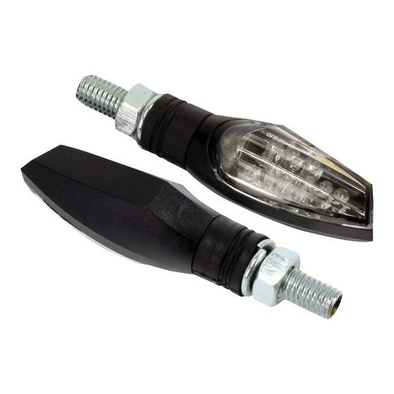 LED motorcycle indicators featuring a sleek black body and clear lens, with a streamlined design and metallic mounting bolt for easy installation.