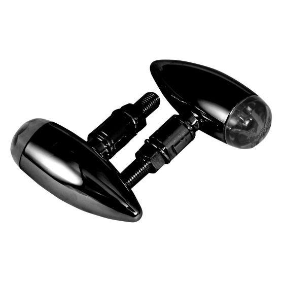 Black LED spirit indicators featuring a sleek black body and lens, designed with a streamlined shape and sturdy mounting hardware for motorcycles.