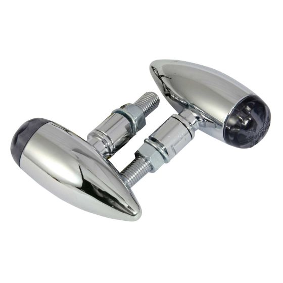 Chrome body LED indicators with a sleek, teardrop shape and black lens, featuring a sturdy mounting bolt for easy installation on bikes.