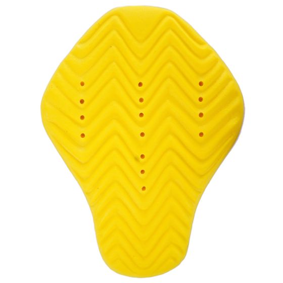 Yellow CE Level 2 back protector armor with a textured zigzag pattern and ventilation holes, designed for jackets, suitable for sizes XL and 4XL.