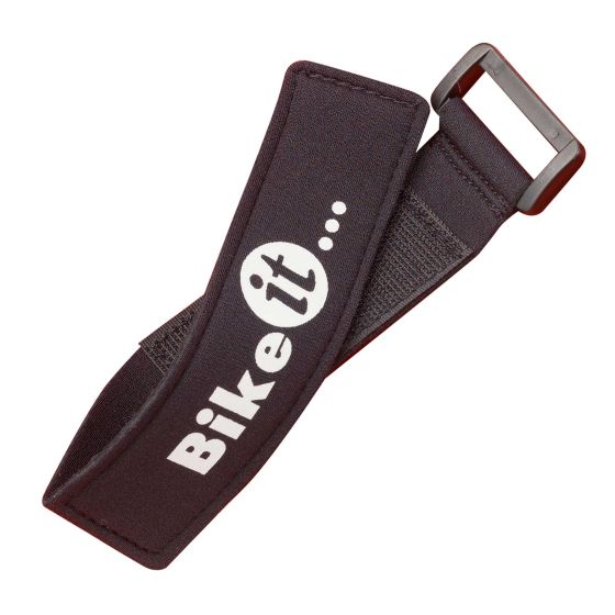 Black fabric brake lever strap with a silver buckle, featuring the white "Bike it..." logo prominently displayed.