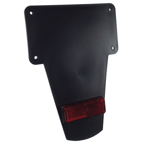Black plastic mudflap with a triangular shape and a rectangular red reflector at the bottom, featuring three mounting holes for easy installation on a bike.