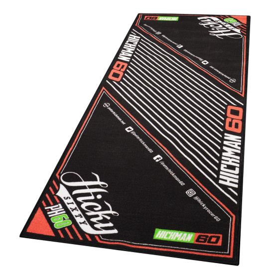 Limited Edition HICKY 60 Garage Mat measuring 190x80cm, featuring a black background with red and white geometric designs and branding elements.