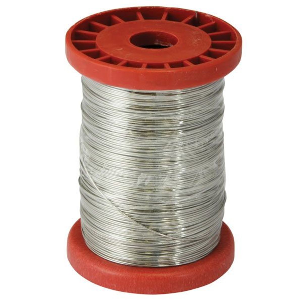 Silver lock wire on a red plastic reel, measuring 0.8mm in diameter and 127 meters in length, designed for securing components in various applications.