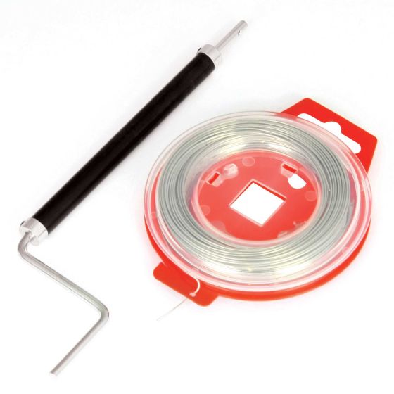 30 meters of silver safety lock wire coiled in a red cassette, featuring a black handle for easy dispensing and a metal hook for secure attachment.