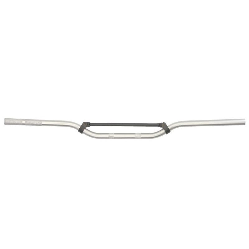 Silver low braced handlebar with a shot peen finish, featuring a central black grip area and ergonomic design for improved control and comfort.
