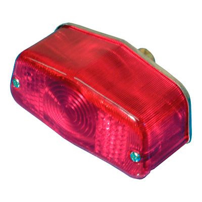 Red plastic universal rear light with a rectangular shape, featuring a textured lens and two silver mounting screws on the sides.