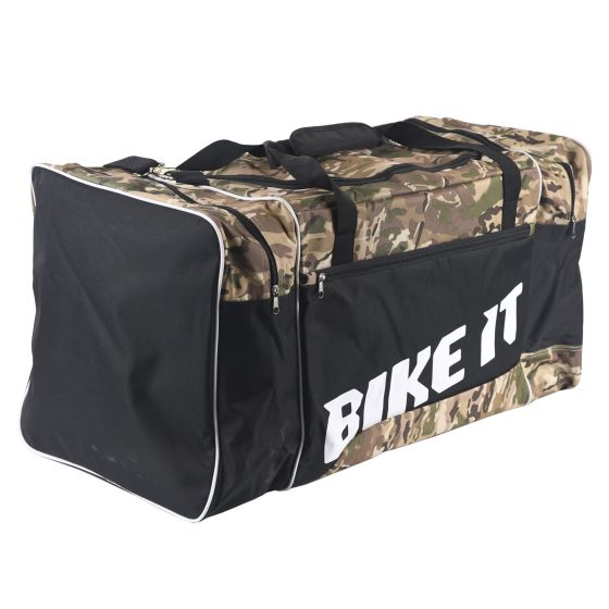 Camo-patterned duffel bag with black accents, featuring a large white "BIKE IT" logo, dual handles, and a spacious 128-litre capacity for storage.