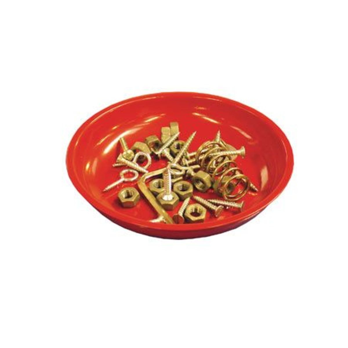 Red magnetic parts dish containing various metal screws, nuts, and washers, designed to securely hold small parts during bike maintenance.