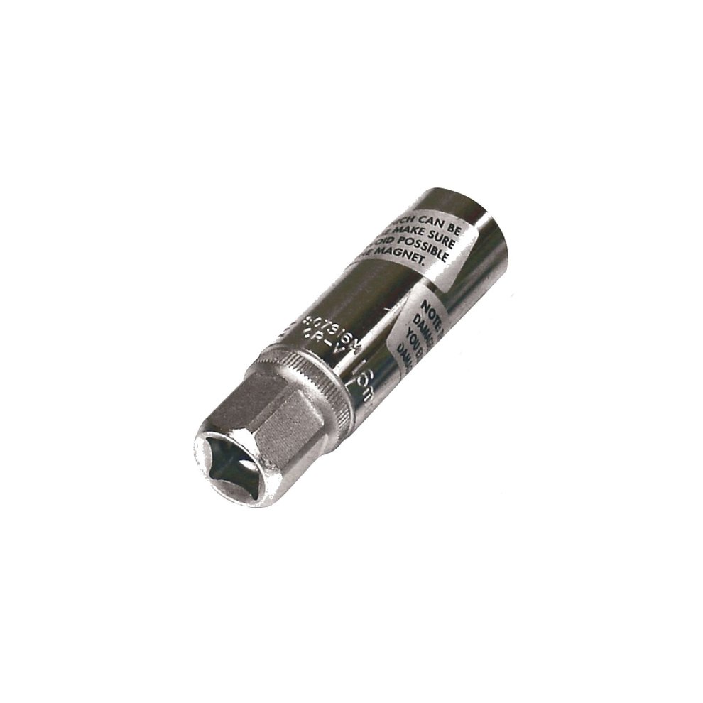 Silver 16mm spark plug socket tool with a 3/8" drive, featuring a magnetic tip for secure grip, marked with size and brand details, made of durable metal.