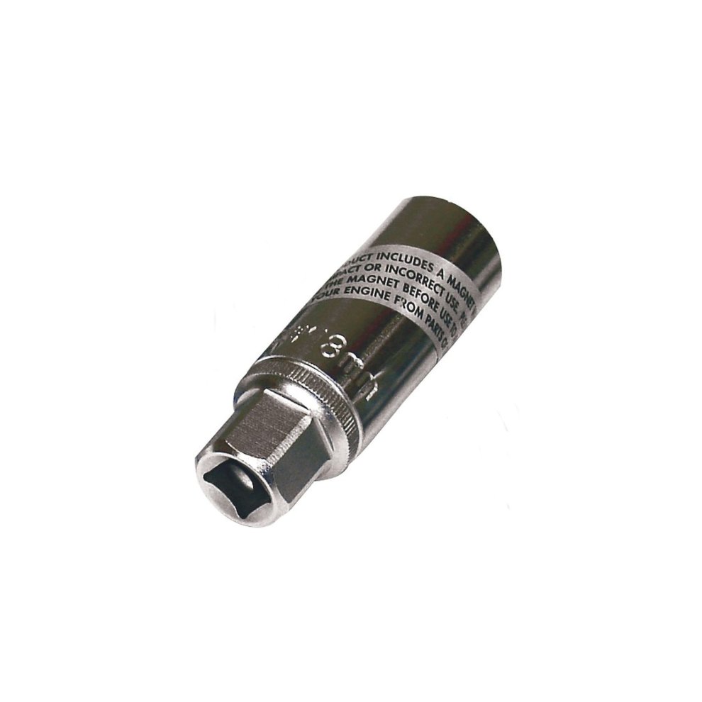 Shiny silver 18mm spark plug socket tool with a 3/8" drive, featuring a magnetic interior and engraved text for usage instructions.