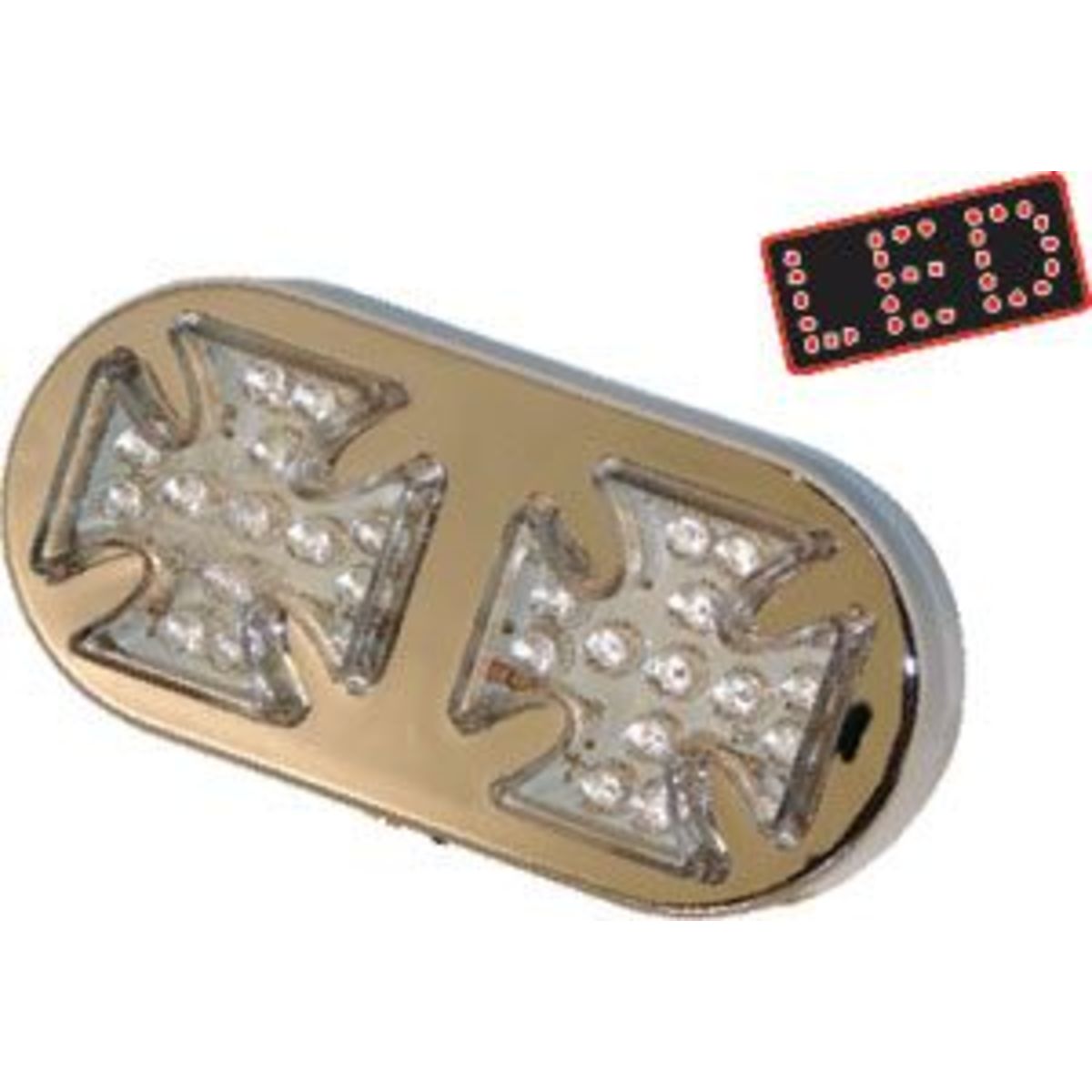 Twin Maltese Cross LED rear light in chrome finish with clear lens, featuring two distinct cross shapes and multiple bright LED lights for enhanced visibility.