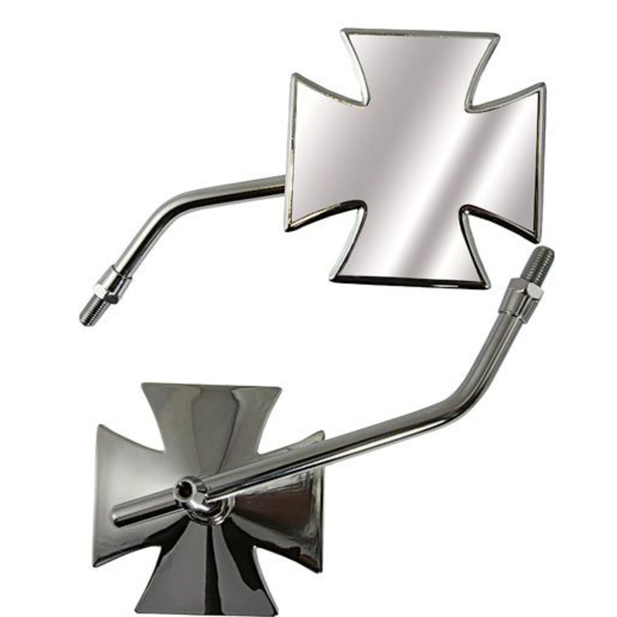 Chrome motorcycle mirrors featuring a Maltese cross design, with a 10mm mounting stem and a sleek, reflective surface for enhanced visibility.