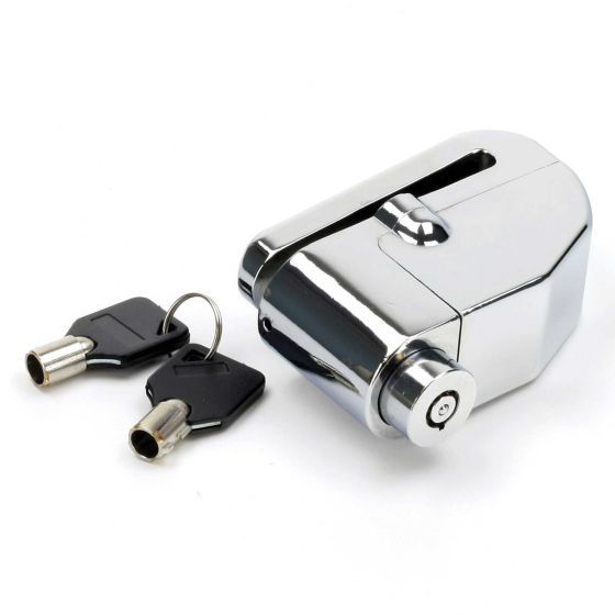 Shiny chrome disc lock with a keyhole and two black keys, designed for securing bikes, featuring a robust and compact construction.