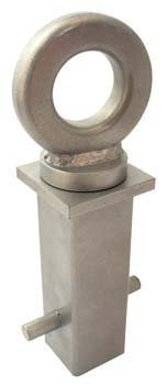 Silver metal in-ground anchor with a swivel head and a circular loop, designed for securing motorcycles and bicycles, featuring a sturdy rectangular base and a side pin.