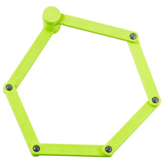 Bright yellow folding wheel lock with a hexagonal shape, made of durable material, featuring multiple joints for flexibility and secure locking.