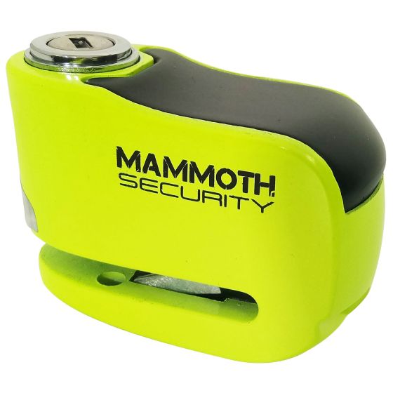 Bright fluo yellow Mammoth Security Gremlin Alarm Disc Lock featuring a 6 mm stainless steel pin and a sleek black rubberized top for added grip.
