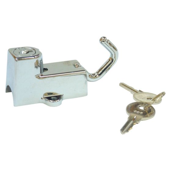 Shiny chrome handlebar helmet lock with a curved hook and a key, featuring a rectangular body and a keyhole for added security.