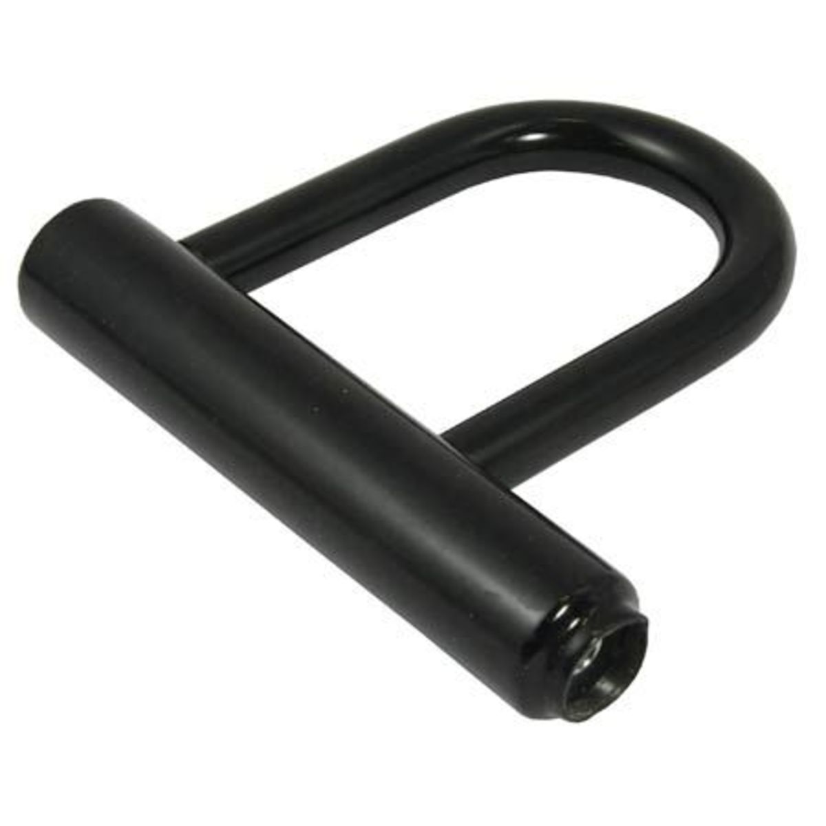 Black heavy-duty disc lock with a sturdy metal construction and a U-shaped design, featuring a smooth finish and a keyhole at the base for secure locking.