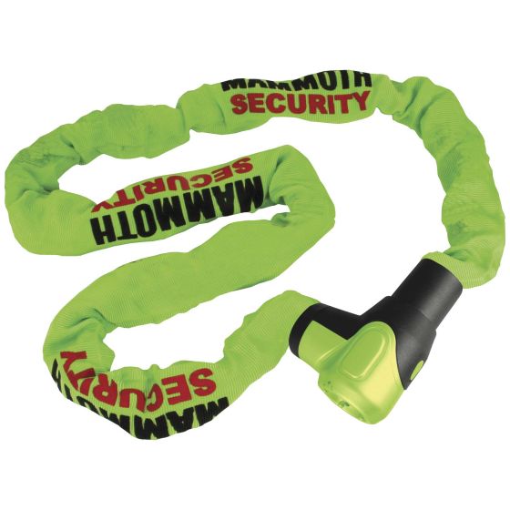 Bright green chain lock with 10mm square links, featuring "MAMMOTH SECURITY" printed in bold red, and a black locking mechanism for added security.
