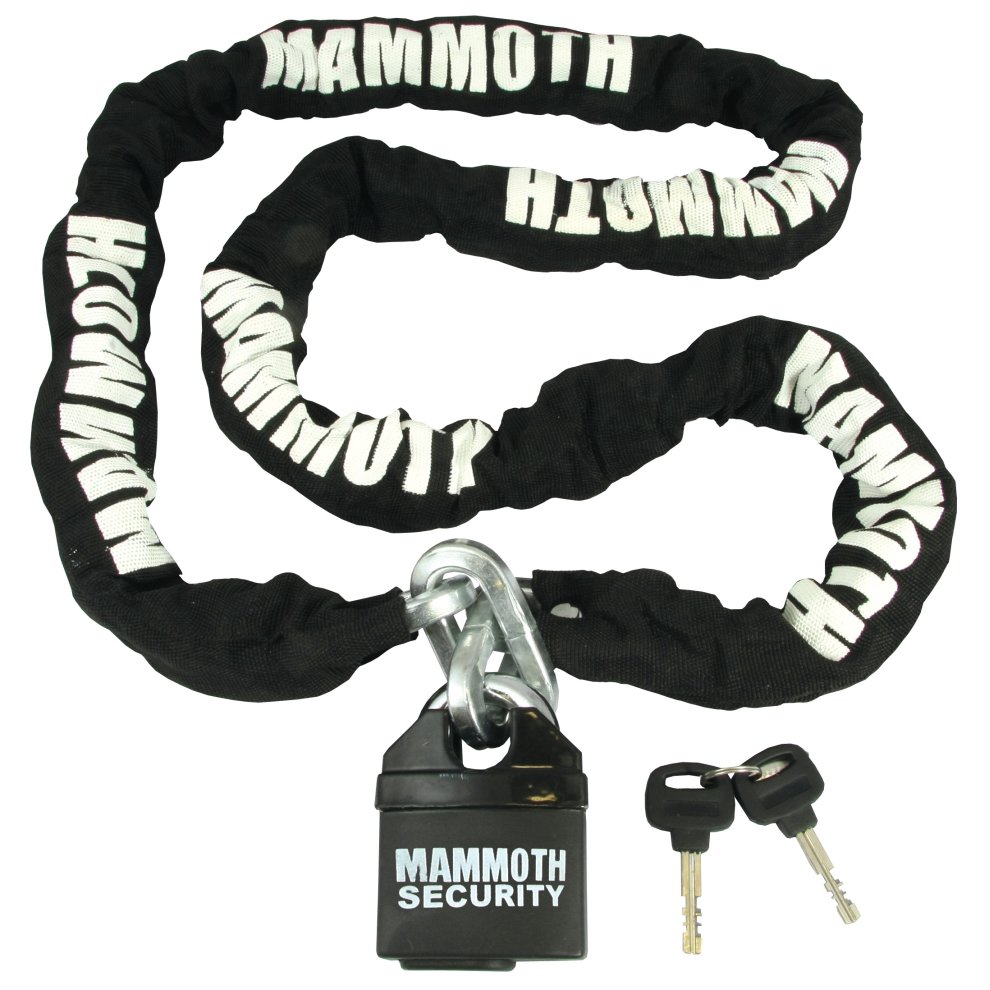 Black security chain with a 10mm thick, fabric-covered design featuring "MAMMOTH SECURITY" printed in white, accompanied by a sturdy padlock and two keys.