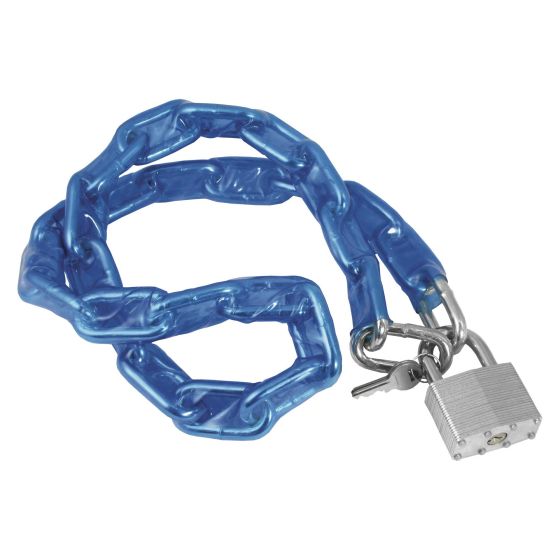 Blue, heavy-duty plastic-coated chain with linked segments and a silver padlock, designed for secure locking of bicycles or outdoor equipment.