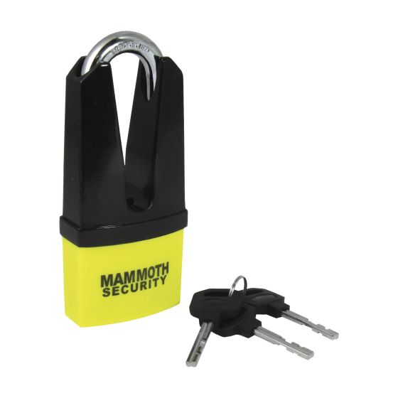 Mammoth Shackle Maxi Disc Lock in black and yellow, featuring a sturdy metal shackle and two accompanying keys, labeled "MAMMOTH SECURITY" on the body.