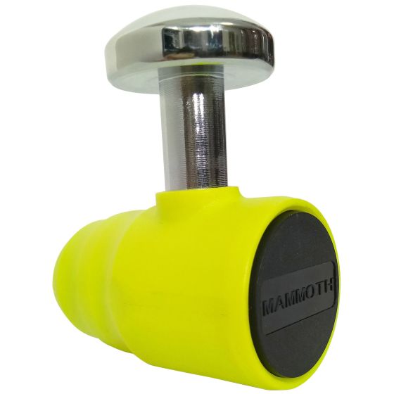 Bright yellow motorcycle disc lock with a chrome-plated steel shackle, featuring a black rubber base and engraved "MAMMOTH" logo, designed for security with Sold Secure Gold approval.