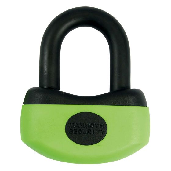 Mammoth Thatcham Mini U-Disc Lock in vibrant green and black, featuring a sturdy 13mm shackle and a reminder coil for added security.