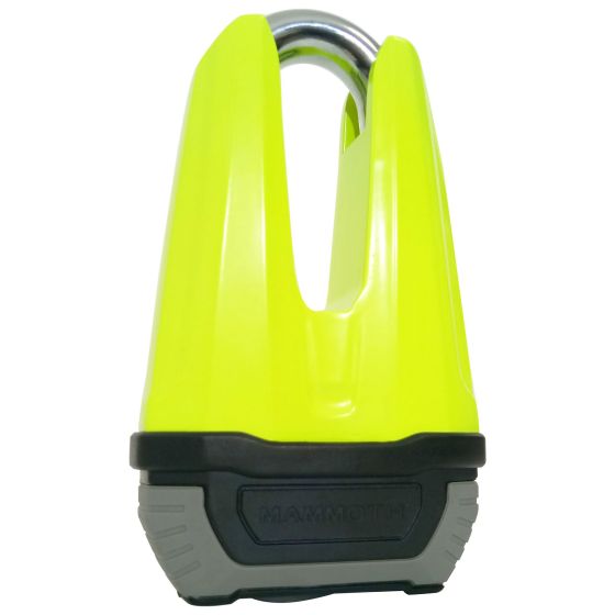 Bright fluoro yellow 13mm disc lock with a sturdy design, featuring a rubberized base for grip and the "MAMMOTH" logo prominently displayed. Sold Secure Gold Approved for security.