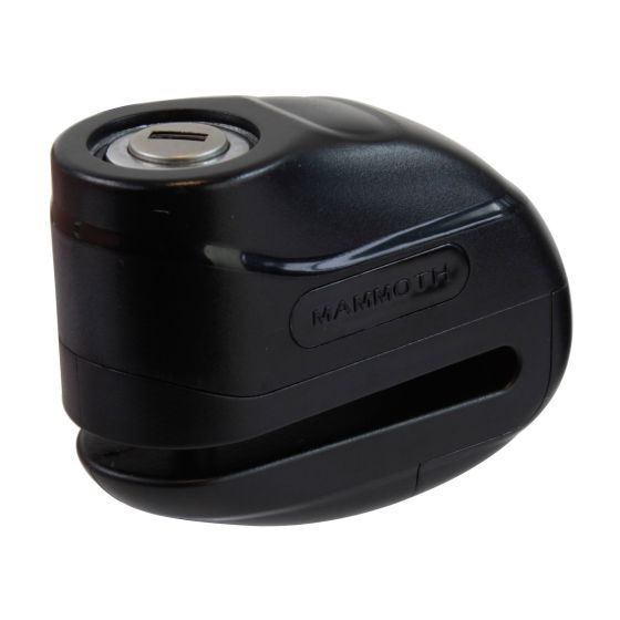 Black 6 mm Mammoth Security Rogue Disc Lock featuring a sleek design, durable plastic material, and a keyhole for secure locking.