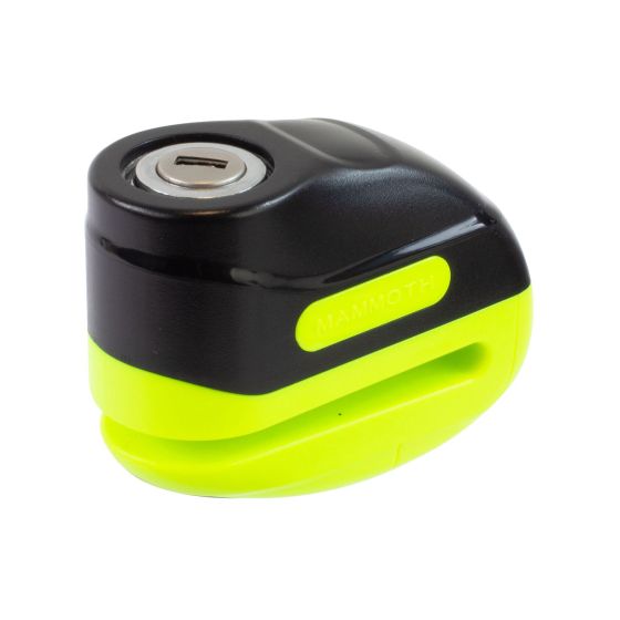 Compact black and bright yellow disc lock with a keyhole, featuring a sturdy design and the "MAMMOTH" logo on the side, ideal for securing bikes.