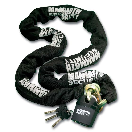 Black 12mm hexagon motorcycle chain with a sturdy padlock, featuring "Mammoth Security" branding and three accompanying keys.