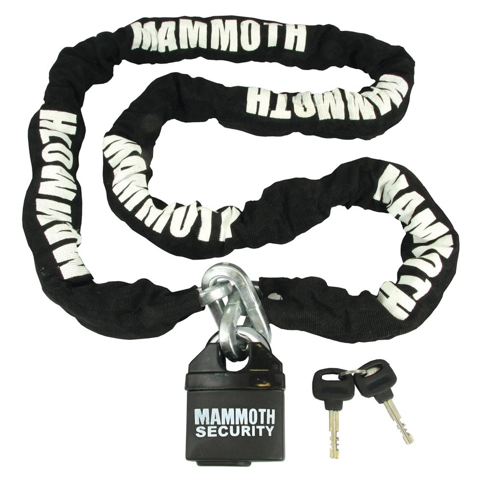 Black chain lock with a 1.8-meter length, featuring a sturdy closed shackle lock, embossed with "MAMMOTH" in white, accompanied by two keys.