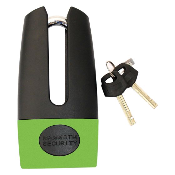 Mammoth Thatcham shackle disc lock in black and green, featuring a sturdy design, keyhole, and two accompanying keys for enhanced security.