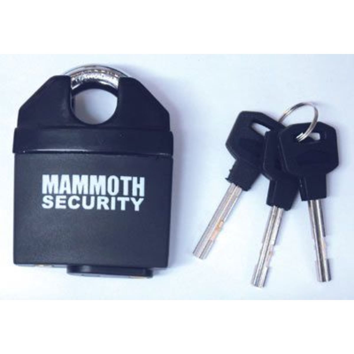Black hardened steel padlock with a closed shackle, featuring "MAMMOTH SECURITY" text, accompanied by two silver keys.