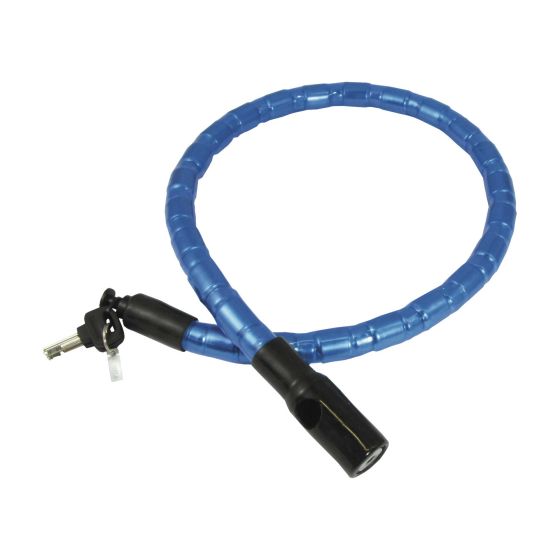 Blue, flexible security cable lock with a textured surface, featuring a key entry and a sturdy end for securing bikes or equipment, measuring 65 inches in length.