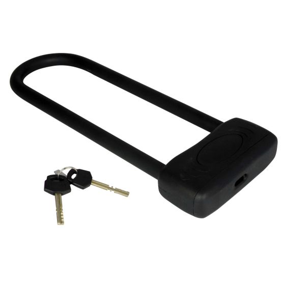 Black U-lock with a thick, sturdy shackle and a rectangular keyhole, accompanied by two metal keys, designed for securing bicycles.