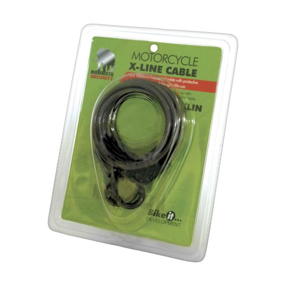Black 6mm x 1.8m Mammoth X-Line cable with end loops, packaged in a green and clear plastic blister, featuring the Bike-It logo and "MOTORCYCLE" text prominently displayed.