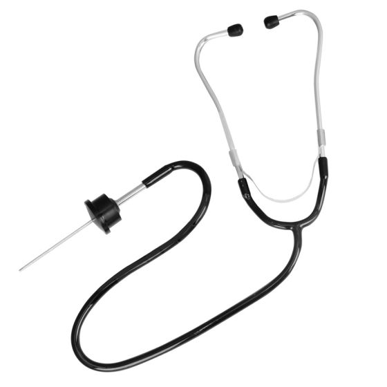 Black and silver mechanic stethoscope with a flexible tube, a metal chest piece, and a pointed probe for diagnosing bike issues.