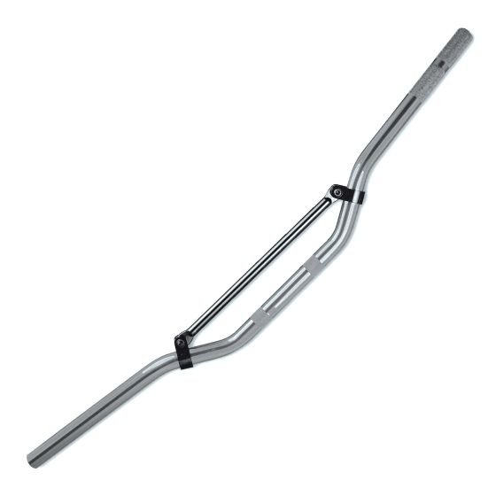 Silver medium braced handlebar with a shot peened finish, featuring a black brace and textured grips for enhanced control and durability.