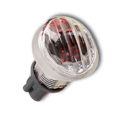 Micro Slim fairing indicator featuring a clear lens with a rounded shape, chrome base, and red LED lights visible through the lens, designed for motorcycle use.