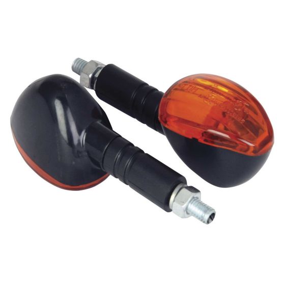 Black motorcycle indicators featuring a sleek, rounded design with amber lenses, made from durable materials, ideal for enhancing visibility and style on bikes.