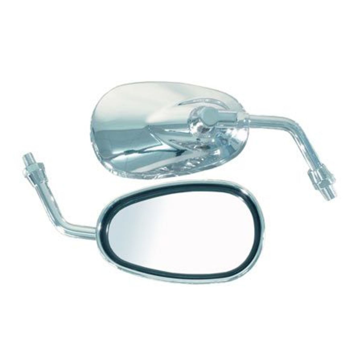 Mini chrome universal mirrors with a sleek, reflective surface, featuring a 10 mm thread and an ergonomic design for easy installation on various bikes.