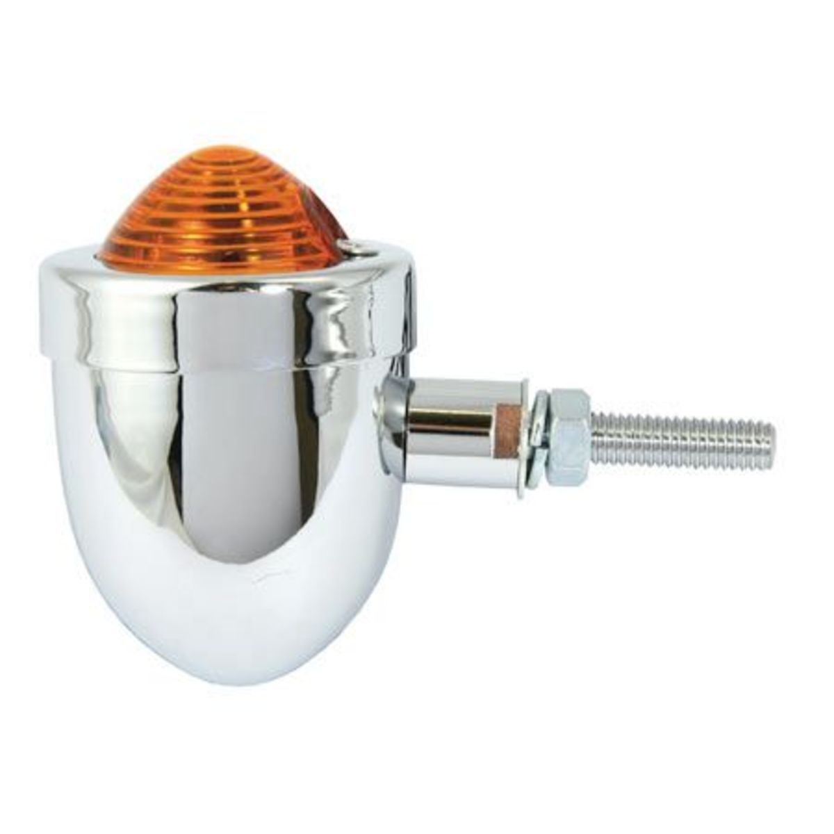 Custom chrome mini bullet indicator with an orange lens, designed for Harley Davidson motorcycles, featuring a sleek, rounded shape and a threaded mounting stem.