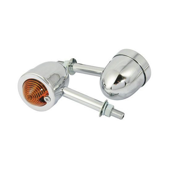 Chrome long stem motorcycle indicators with an orange lens, featuring a sleek bobber design, suitable for Harley bikes.