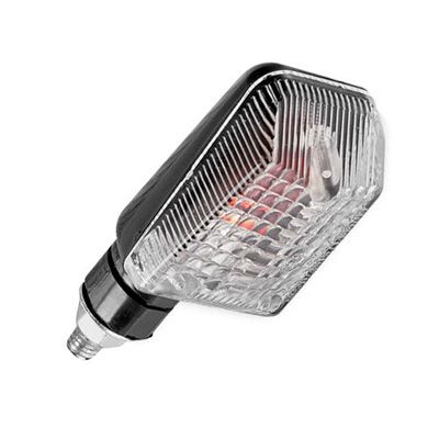Short stem mini indicators featuring a black plastic body and a clear lens, designed for bicycles, with a textured surface and visible light bulb inside.