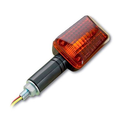 Long stem mini indicators featuring a black plastic body and a smoked lens, designed for bikes, with a rectangular shape and visible wiring for installation.